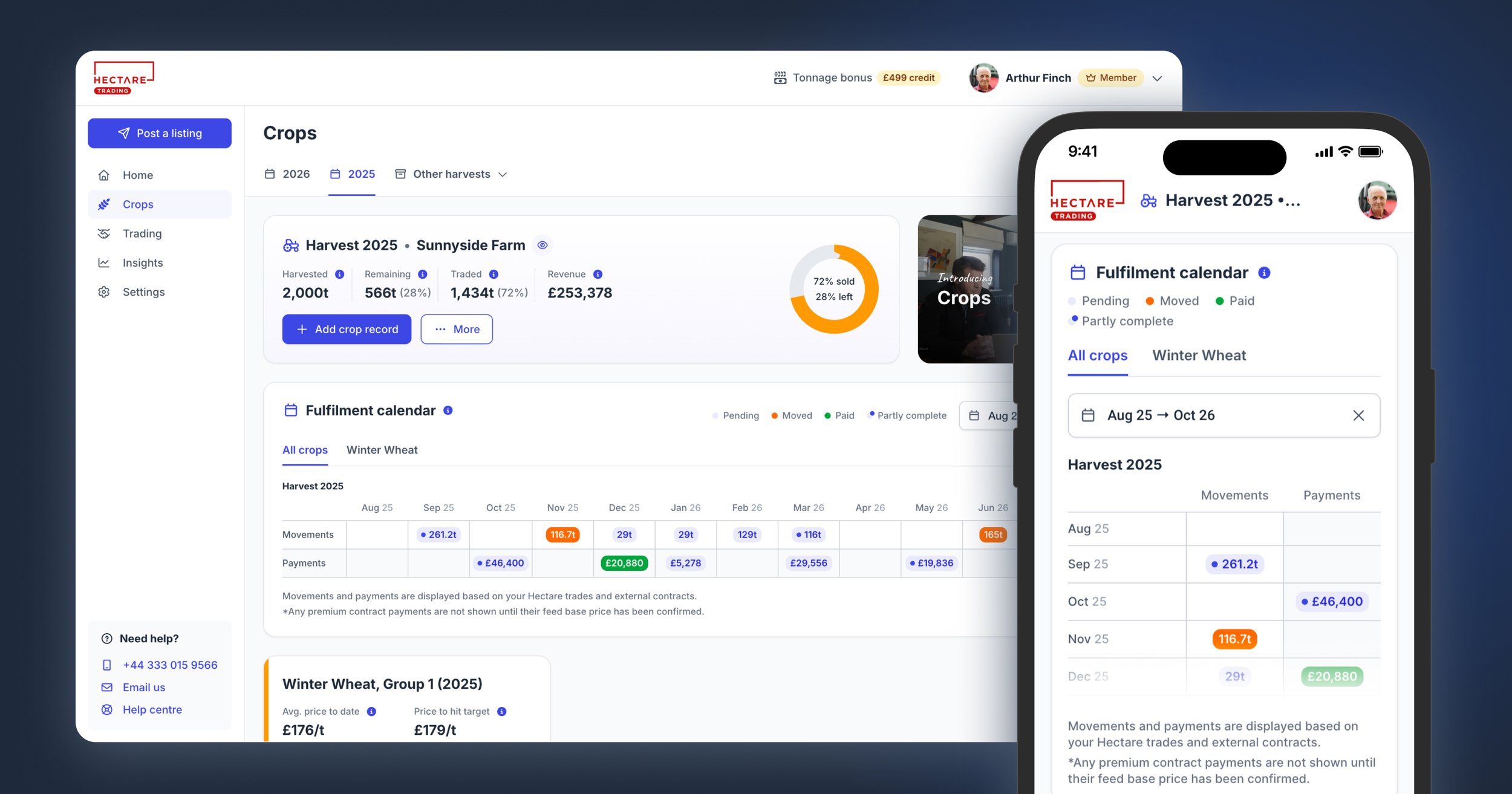 A screenshot showing the fulfilment calendar available with Hectare Membership, on desktop and mobile