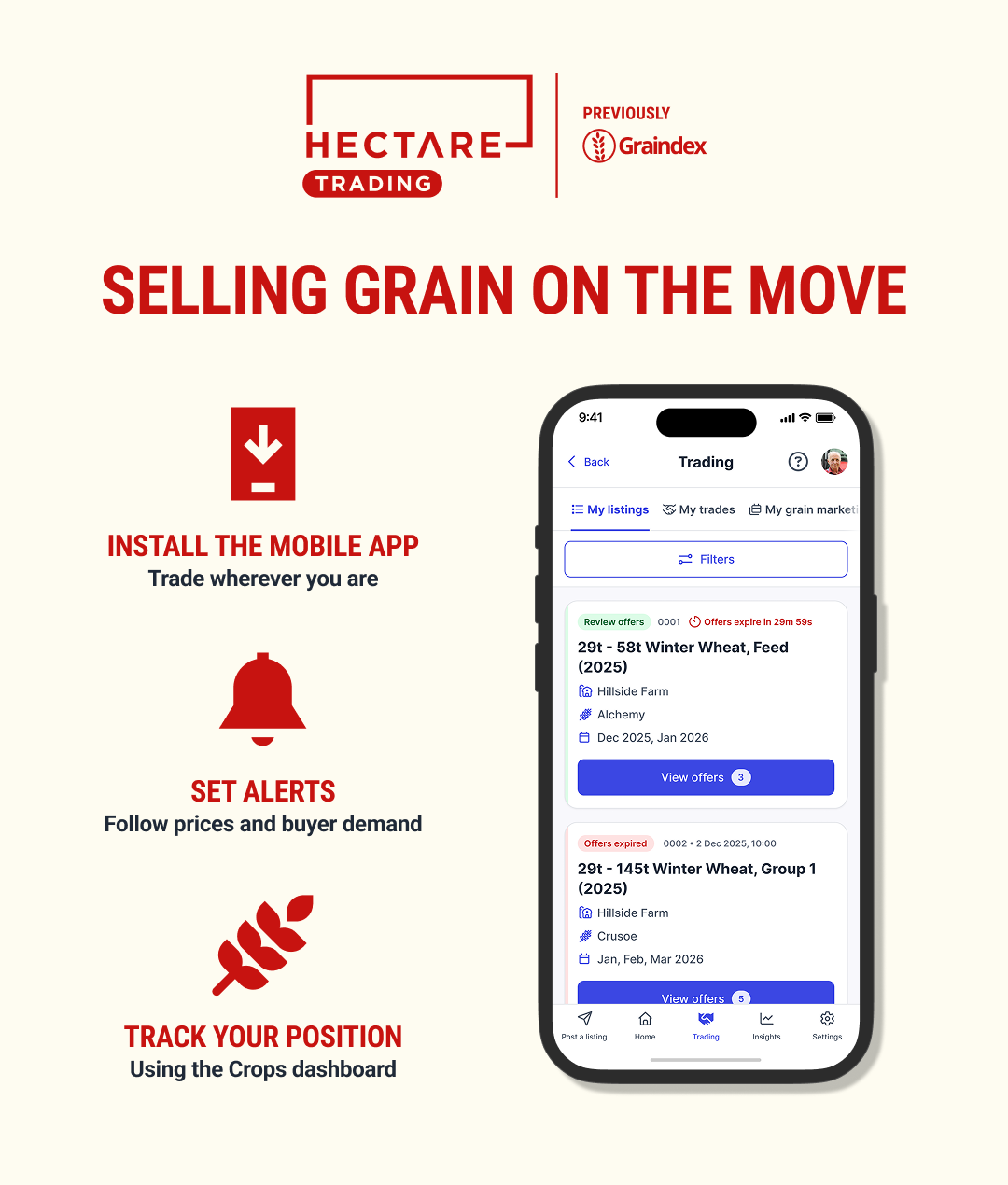 An infographic showing three ways to sell grain on the move: using the Hectare Trading mobile app; setting price and buyer demand alerts; and tracking your sales position via the Crops dashboard